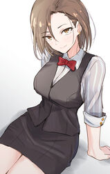  arm_support asymmetrical_bangs black_skirt black_vest blush bow bowtie breasts brown_hair earrings female highres idolmaster idolmaster_cinderella_girls jewelry looking_at_viewer medium_breasts medium_hair mizuki_seira pencil_skirt red_bow red_bowtie shirt simple_background sitting skirt smile solo striped_clothes striped_shirt unu_(unucence) vest white_background 