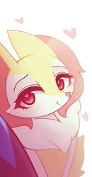  &lt;3_eyes anthro braixen canid canine cheek_tuft cute_expression daww eyelashes facial_tuft female fluffy_chest fur generation_6_pokemon heart hi_res inner_ear_fluff looking_at_viewer mammal nintendo offscreen_character pinkcappachino pokemon pokemon_(species) red_body red_fur simple_background smile snout solo standing thick_eyelashes tuft video_games white_background white_body white_fur 