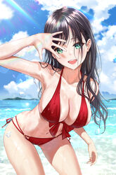  absurdres arm_up bare_shoulders beach bikini black_hair blue_sky breasts cleavage collarbone commentary cowboy_shot day eyes_visible_through_hair female green_eyes halterneck highres large_breasts leaning_forward long_hair looking_at_viewer md5_mismatch mole mole_on_leg mole_on_thigh navel original outdoors red_bikini resolution_mismatch revision side-tie_bikini_bottom sky solo source_smaller standing stomach swimsuit tooku0 water wet 