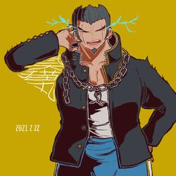  1boy black_jacket blue_pants chains closed_eyes collarbone commentary danganronpa_(series) danganronpa_2:_goodbye_despair dated energy facial_hair facing_viewer goatee gold_chain grey_shirt hair_slicked_back hand_on_own_head hand_up jacket kiri_(2htkz) long_sleeves male_focus nidai_nekomaru open_clothes open_jacket open_mouth pants pectorals shirt shirt_tucked_in short_hair simple_background trembling yellow_background 