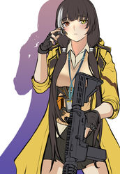  3_small_spiders black_gloves black_hair black_skirt blush brown_vest closed_mouth colt_9mm_smg feet_out_of_frame female fingerless_gloves girls&#039;_frontline gloves gun hand_up headphones heterochromia highres holding holding_gun holding_weapon jacket long_hair looking_at_viewer multicolored_hair open_clothes open_jacket red_eyes ro635_(girls&#039;_frontline) shadow skirt solo standing vest weapon white_background yellow_eyes yellow_jacket 