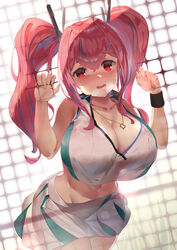  absurdres azur_lane bare_shoulders blush breasts bremerton_(azur_lane) bremerton_(scorching-hot_training)_(azur_lane) chain-link_fence chinese_commentary cleavage collarbone collared_shirt commentary cowboy_shot crop_top crop_top_overhang female fence grass green_skirt grey_hair groin hair_between_eyes hair_intakes hair_ornament hairclip heart heart_necklace heavy_breathing highres jewelry large_breasts long_hair looking_at_viewer midriff multicolored_hair navel necklace no_mole nose_blush official_alternate_costume open_mouth pink_eyes pink_hair rl_(ruoli) see-through shirt sidelocks skirt sleeveless sleeveless_shirt solo sportswear standing streaked_hair tennis_uniform twintails two-tone_hair two-tone_shirt two-tone_skirt w_arms wavy_mouth wet wet_clothes wet_shirt white_background white_shirt white_skirt wristband x_hair_ornament 