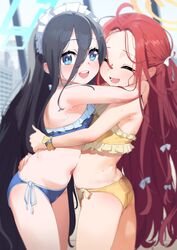  2girls arisu_(blue_archive) ass bikini black_hair blue_archive blue_eyes bow cowboy_shot dorontabi forehead frilled_bikini frills hair_between_eyes hairbow halo highres long_hair maid_headdress multiple_girls navel open_mouth red_hair side-tie_bikini swimsuit yuzu_(blue_archive) 