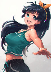  :d antenna_hair aqua_eyes aqua_tank_top bare_arms bare_shoulders black_hair black_pants bow breasts clothes_writing collarbone commentary_request crop_top female floating_hair ganaha_hibiki gradient_background grey_background hair_ornament hairbow high_ponytail highres idolmaster idolmaster_(classic) large_breasts long_hair looking_at_viewer midriff mikel_(4hands) navel open_mouth orange_bow outstretched_arm pants ponytail shiny_skin smile solo standing stomach sweat tank_top teeth upper_body upper_teeth_only 