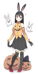  animal_ears bare_shoulders black_gloves black_hair black_skirt black_thighhighs breasts covered_collarbone detached_sleeves female frilled_skirt frills full_body ghost gloves hair_between_eyes hair_ornament hairclip halloween heart highres jack-o&#039;-lantern long_hair looking_at_viewer original pleated_skirt rabbit_ears rabbit_girl red_eyes red_footwear saiste shirt shoes simple_background skirt skirt_hold small_breasts smile solo standing thighhighs white_background yellow_shirt 