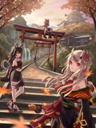  3girls ahoge animal_ears architecture autumn autumn_leaves ayafubumi_(hololive) bad_id bad_pixiv_id bird black_skirt black_thighhighs blue_eyes breasts castle check_commentary choker cliff collarbone commentary_request day detached_sleeves east_asian_architecture evening falling_leaves fox_ears fox_girl fox_tail full_body grey_hair highres hololive horns japanese_clothes kimono leaf long_hair looking_at_viewer maple_leaf mask md5_mismatch multiple_girls nakiri_ayame nakiri_ayame_(1st_costume) obi obiage obijime oni_mask ookami_mio ookami_mio_(1st_costume) outdoors pleated_skirt red_choker red_eyes ribbon_choker roboqlo sash scenery school_uniform serafuku shirakami_fubuki shrine single_thighhigh sitting skin-covered_horns skirt small_breasts stairs standing stone_stairs tail thighhighs torii virtual_youtuber water waterfall white_thighhighs wolf_ears wolf_girl wolf_tail yellow_eyes 