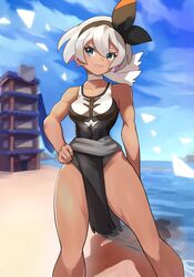  bea_(pokemon) black_hairband blue_eyes bow breasts building closed_mouth collarbone commentary cosplay dark-skinned_female dark_skin day feet_out_of_frame female grey_hair hair_between_eyes hairband hand_on_own_hip highres katwo loincloth looking_to_the_side one-piece_swimsuit outdoors pokemon pokemon_swsh short_hair sky solo standing swimsuit urshifu urshifu_(cosplay) water 