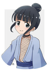  bangs black_eyes black_hair blue_kimono blunt_bangs border closed_mouth commentary_request female fishnets grey_background hair_bun hair_ornament hair_stick highres japanese_clothes kimono kona_kuzu kunoichi_tsubaki_no_mune_no_uchi light_blush looking_at_viewer mokuren_(kunoichi_tsubaki_no_mune_no_uchi) open_clothes open_kimono sidelocks simple_background smile solo upper_body white_border 