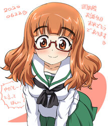  black_neckerchief blouse blunt_bangs blush catchphrase character_name closed_mouth commentary_request dated female girls_und_panzer glasses green_skirt happy_birthday heart highres inoue_kouji leaning_forward long_hair long_sleeves looking_at_viewer miniskirt neckerchief ooarai_school_uniform orange_eyes orange_hair partial_commentary pleated_skirt red-framed_eyewear sailor_collar school_uniform semi-rimless_eyewear serafuku shirt skirt smile solo takebe_saori translated under-rim_eyewear white_sailor_collar white_shirt 