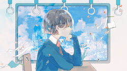  absurdres blue_sweater blue_theme book bow bowtie city cloud collared_shirt desk female flower from_side green_eyes grey_hair hagimorijia highres long_sleeves looking_away original paper pink_flower profile red_bow red_bowtie shirt short_hair sitting solo sweater uniform water_drop window 