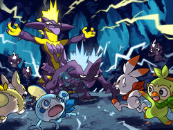  blue_eyes cave_interior commentary_request crying electricity evolutionary_line flying_teardrops grookey oerba_yun_fang open_mouth paripi_nasubi pokemon pokemon_(creature) pokemon_mystery_dungeon scorbunny sobble starter_pokemon_trio sweatdrop tongue tongue_out toxel toxtricity toxtricity_(amped) toxtricity_(low_key) yamper 