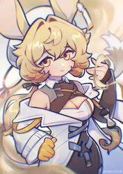  absurdres animal_ears arknights black_ribbon blonde_hair blush breasts brown_eyes chromatic_aberration cleavage cleavage_cutout closed_mouth clothing_cutout commentary dorothy_(arknights) female hair_ribbon highres large_breasts long_hair looking_at_viewer low_ponytail ribbon sharktuna smile solo tail 