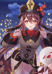  absurdres black_nails black_shorts boo_tao_(genshin_impact) breasts brown_hair brown_shirt chinese_clothes chinese_commentary claw_pose collared_shirt commentary_request female flower genshin_impact ghost hat hat_flower highres hu_tao_(genshin_impact) jewelry lantern lantern_festival leaning_forward long_hair long_sleeves looking_at_viewer medium_breasts multiple_rings nail_polish open_mouth paper_lantern red_eyes ring shirt short_shorts shorts sking sky sky_lantern solo standing star-shaped_pupils star_(symbol) symbol-shaped_pupils teeth twintails undershirt upper_teeth_only very_long_hair wide_sleeves 