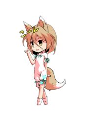  animal_ears black_eyes blonde_hair bow breasts brown_eyes chibi dairi female fox_ears fox_girl fox_tail full_body green_bow hair_between_eyes hand_up ko~n kudamaki_tsukasa looking_to_the_side open_mouth romper short_hair short_sleeves simple_background small_breasts smile socks solo standing tachi-e tail test_tube touhou translated transparent_background white_romper white_sleeves white_socks 