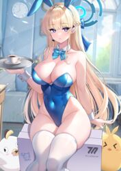  animal_ears bare_shoulders blonde_hair blue_archive blue_eyes blue_halo blue_leotard bow bowtie breasts case coffee cup detached_collar fake_animal_ears female halo highleg highleg_leotard highres holding holding_tray large_breasts leotard long_hair looking_at_viewer official_alternate_costume playboy_bunny rabbit_ears saucer solo strapless strapless_leotard studiopokotan teacup thick_thighs thighhighs thighs toki_(blue_archive) toki_(bunny)_(blue_archive) tray very_long_hair white_thighhighs wrist_cuffs 