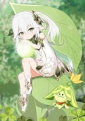  arama_(genshin_impact) aranara_(genshin_impact) bare_shoulders blurry blurry_background closed_mouth commentary_request cosplay cross-shaped_pupils depth_of_field dress female genshin_impact gradient_hair green_eyes green_hair hair_between_eyes highres knee_up long_hair looking_at_viewer mitya multicolored_hair nahida_(genshin_impact) no_shoes orb pointy_ears side_ponytail sleeveless sleeveless_dress smile socks solo statue_of_the_seven statue_of_the_seven_(cosplay) stirrup_legwear symbol-shaped_pupils toeless_legwear white_dress white_hair white_socks 