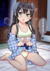  alternate_costume bath_yukata black_hair blush collarbone commentary condom condom_wrapper female full_body futon green_eyes green_sports_bra hair_ribbon headgear highres houndstooth i-47_(kancolle) japanese_clothes kantai_collection kimono long_hair looking_at_viewer low-tied_long_hair onguuchi open_clothes open_kimono panties ribbon sidelocks sitting solo sports_bra steam translated tress_ribbon underwear wariza white_panties window yukata 