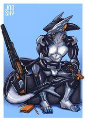  2017 4_toes ammunition anthro black_body black_scales blue_background blue_eyes border cybernetics cyborg feet fin fish glistening glistening_body grey_body grey_scales gun head_fin hi_res jooshy machine male marine multicolored_body multicolored_scales ranged_weapon rifle scales science_fiction shark side_eye simple_background solo tail tail_fin thovapexus toes two_tone_body two_tone_scales weapon white_border 