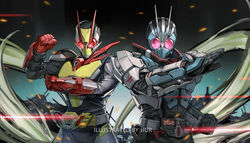  2boys antennae armor belt cycloneriser debris father_and_son henshin_pose highres jiuri_jiuhao kamen_rider kamen_rider:_reiwa_the_first_generation kamen_rider_01_(series) kamen_rider_type-1 kamen_rider_zero-two mask multiple_boys photoshop_(medium) pink_eyes pose progrise_key red_eyes rider_belt zero_two_driver 