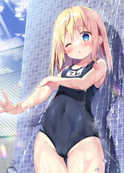  :o ass_visible_through_thighs blonde_hair blue_eyes blue_one-piece_swimsuit blush breasts cameltoe cloud commentary_request covered_navel female groin long_hair one-piece_swimsuit one_eye_closed original outdoors outstretched_arm pan_(mimi) school_swimsuit showering sky small_breasts solo spread_fingers sway_back swimsuit ten-chan_(pan_(mimi)) thigh_gap thighs tight_clothes tile_wall tiles wet wet_clothes wet_swimsuit 