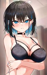  absurdres arm_at_side arm_under_breasts black_bra black_choker black_hair blue_eyes blue_hair blue_nails blurry blurry_background blush bra breasts choker cleavage collarbone colored_inner_hair ear_piercing female floral_print frilled_bra frills furrowed_brow hair_ornament hairpin highres indoors looking_at_viewer mole mole_on_breast mole_under_eye multicolored_hair original parted_lips piercing rei_(rei_9146) short_hair solo sweat underwear upper_body 