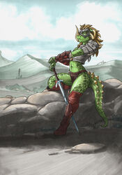  argonian armor bedroom_eyes bottomwear clothing curvy_figure ewgengster_(artist) female green_body green_scales headgear helmet hi_res horn horned_helmet loincloth looking_at_viewer melee_weapon microsoft mountain narrowed_eyes navel outside pose scales scalie seductive sha_(ewgengster) solo spines sword tail the_elder_scrolls traditional_media_(artwork) unconvincing_armor weapon 