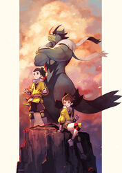  1boy absurdres brown_hair clenched_hand crossed_arms female folded_ponytail gloria_(pokemon) gloves highres holding holding_poke_ball jacket knee_pads master_dojo_uniform nakamura_eight photoshop_(medium) poke_ball poke_ball_(basic) pokemon pokemon_(creature) pokemon_swsh shorts sitting standing urshifu victor_(pokemon) 