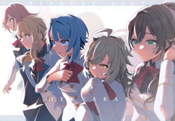  5girls absurdres ahoge aizawa_kazuha aqua_eyes assault_lily asymmetrical_hair black_shirt black_skirt blue_eyes blue_hair blurry bow bowtie breasts brown_hair buttons chromatic_aberration closed_mouth collared_shirt commentary copyright_name depth_of_field green_eyes grey_eyes group_name hair_between_eyes hair_over_shoulder hairbow hand_on_own_chest hand_to_own_mouth hand_up hatsukano_you herensuge_girls_academy_school_uniform high_ponytail highres iijima_renka jacket letterboxed light_brown_hair long_hair long_sleeves looking_away medium_breasts miniskirt multiple_girls open_clothes open_jacket outside_border oversized_clothes parted_lips pink_bow ponytail profile red_bow red_bowtie red_eyes sasaki_ran school_uniform serizawa_chikaru shirt short_hair side-by-side sidelocks skirt sleeves_past_fingers sleeves_past_wrists smile standing symbol-only_commentary teeth tia_(cocorosso) tucking_hair upper_teeth_only white_background white_jacket yellow_eyes 