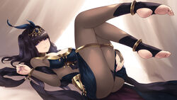  anklet ass black_hair blunt_bangs bodystocking bracelet breasts bridal_legwear cait_aron circlet cleavage commentary feet female fire_emblem fire_emblem_awakening fire_emblem_heroes grey_eyes hair_ornament highres jewelry large_breasts legs legs_up long_hair looking_at_viewer lying no_shoes on_back soles solo tharja_(fire_emblem) tharja_(plegian)_(fire_emblem) tiara toe_ring toeless_legwear toes two_side_up 