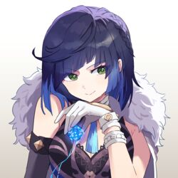  bare_shoulders blue_hair bob_cut breasts cleavage commentary_request dice enipa_28 female genshin_impact gloves gradient_background green_eyes grey_background highres holding holding_dice looking_at_viewer short_hair sleeveless smile solo upper_body white_gloves yelan_(genshin_impact) 