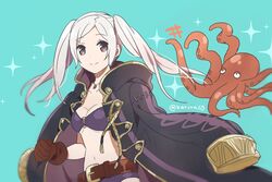  belt bikini blue_background breasts brown_eyes brown_gloves cleavage closed_mouth female fire_emblem fire_emblem_awakening fire_emblem_heroes gloves highres jewelry juria0801 necklace o-ring o-ring_bikini octopus robin_(female)_(fire_emblem) robin_(female)_(summer)_(fire_emblem) robin_(fire_emblem) simple_background smile solo swimsuit twintails twitter_username upper_body white_hair 