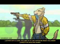  absurd_res anthro capitoline_ranch chains clothing colored cyberpunk felid feline field gun handgun hi_res jacket lazypaw/lazytail_(thathornycat) male mammal pistol ranged_weapon thathornycat topwear weapon 