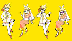  1boy aqua_eyes blonde_hair bracelet brother_and_sister commentary cosmospice_(vocaloid) female fork hair_ornament highres holding holding_fork holding_microphone indian_clothes jacket jewelry kagamine_len kagamine_rin licking_lips microphone midriff navel neckerchief necktie official_art open_clothes open_jacket pinocchio-p siblings simple_background sunglasses tongue tongue_out traditional_clothes turban twins veil vocaloid yellow_background yellow_neckerchief yellow_necktie yellow_theme 