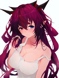  absurdres alternate_costume blue_eyes blush breasts casual cleavage closed_mouth commentary covered_nipples demon_horns female getto hair_between_eyes hand_in_own_hair heterochromia highres holding holding_own_hair hololive hololive_english horns irys_(hololive) large_breasts long_hair looking_at_viewer multicolored_hair pointy_ears purple_eyes purple_hair red_hair simple_background sleeveless solo strap_slip sweat symbol-only_commentary tank_top two-tone_hair upper_body very_long_hair virtual_youtuber white_background white_tank_top 