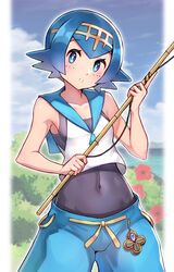  bare_arms blue_eyes blue_hair blue_pants blue_sailor_collar blush bright_pupils cloud collarbone commentary covered_navel day eyelashes female fishing_rod flower freckles hairband highres holding holding_fishing_rod lana_(pokemon) looking_at_viewer no_sclera outdoors pants parted_lips pokemon pokemon_sm red_flower sailor_collar shirt short_hair sky sleeveless sleeveless_shirt solo white_pupils white_shirt yasu_suupatenin yellow_hairband 