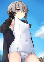  ahoge ass_visible_through_thighs black_gloves black_jacket bolt_action cheytac_m200 clothes_pull covered_navel day female girls&#039;_frontline gloves grey_hair gun highres jacket m200_(girls&#039;_frontline) nakiusagi one-piece_swimsuit one-piece_swimsuit_pull outdoors ponytail purple_eyes rifle school_swimsuit sniper_rifle solo swimsuit weapon white_one-piece_swimsuit 