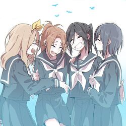  4girls :d ^_^ bird black_hair blonde_hair blue_hair blue_sailor_collar blue_shirt blue_skirt bluebird blush brown_hair closed_eyes closed_mouth grin hair_ribbon hand_on_another&#039;s_shoulder hibike!_euphonium kasaki_nozomi kitauji_high_school_uniform liz_to_aoi_tori long_hair long_sleeves multiple_girls nakagawa_natsuki neckerchief open_mouth pleated_skirt ponytail ree_(re-19) ribbon sailor_collar school_uniform serafuku shirt short_hair simple_background skirt smile standing uniform white_background white_neckerchief yellow_ribbon yoroizuka_mizore yoshikawa_yuuko 