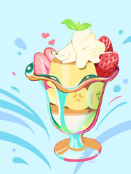  animal_hands banana banana_slice bear chai_(drawingchisanne) closed_eyes food food_focus fruit glass heart ice_cream leaf lying no_humans on_stomach original signature strawberry sundae whipped_cream 