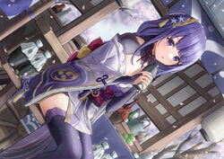  aged_down armor blue_flower blush bottle braid bridal_gauntlets coattails commentary_request dango dutch_angle ebiri_fy english_commentary falling_petals female flat_chest floral_print flower food genshin_impact geta hair_flower hair_ornament highres holding holding_bottle japanese_clothes kettle kimono lantern lolicon long_hair long_sleeves looking_at_viewer mitsudomoe_(shape) mixed-language_commentary obi obiage obijime open_mouth paper_lantern petals purple_eyes purple_hair purple_nails purple_thighhighs raiden_shogun ribbon sash shoulder_armor sitting solo tassel thighhighs tomoe_(symbol) wagashi wide_sleeves 