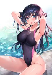  :o armpits arms_behind_head arms_up ayamy bare_arms bare_shoulders black_hair black_one-piece_swimsuit blue_eyes breasts commentary competition_swimsuit covered_navel female hair_ornament highleg highleg_swimsuit highres large_breasts long_hair looking_at_viewer miyawaki_sana multicolored_hair one-piece_swimsuit open_mouth original poolside sitting solo swimsuit thighs tongue tongue_out two-tone_hair water wet x_hair_ornament 