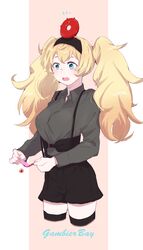  1other achii_adachi alternate_costume black_hairband black_legwear black_shorts blonde_hair blue_eyes breasts candy character_name commentary_request creature_on_head cropped_legs enemy_lifebuoy_(kancolle) female food gambier_bay_(kancolle) grey_shirt hairband highres kan_(tachi) kantai_collection large_breasts long_hair long_sleeves open_mouth pink_background round_teeth shirt shorts standing suspenders teeth thighhighs twintails two-tone_background upper_teeth_only white_background 