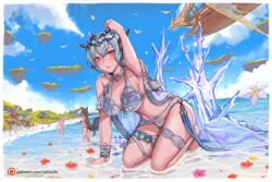  3girls beach bikini bird blue_hair blue_sky blush breasts cleavage closed_mouth day erune floating_island flower granblue_fantasy grancypher_(granblue_fantasy) hair_between_eyes hanada_yanochi ice large_breasts looking_at_viewer macula_marius multiple_girls outdoors partially_submerged pink_eyes seagull short_hair sky societte_(granblue_fantasy) swimsuit tiara yuel_(granblue_fantasy) 