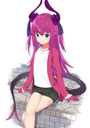  absurdres black_skirt cardigan commentary_request crossed_legs elizabeth_bathory_(fate) elizabeth_bathory_(fate/extra_ccc) fate/extra fate/grand_order fate_(series) female green_eyes highres horns leather_skirt legs long_hair miniskirt pointy_ears purple_hair red_cardigan shirt sitting skirt smile solo tail white_shirt yomogi_uehara 