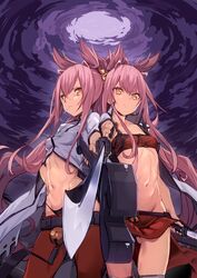  2girls aiming aiming_at_viewer animal_ears back-to-back bell blazblue breasts candy cat_ears closed_mouth commentary_request crossed_swords dual_persona dual_wielding food glasses highres holding holding_sword holding_weapon katana kokonoe_(blazblue) lollipop long_hair looking_at_viewer midriff morikawa_(futomayu) mouth_hold multiple_girls navel pants pince-nez pink_hair red_pants small_breasts standing sword very_long_hair weapon wrench yellow_eyes 