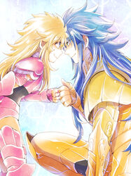  1boy aged_down armor blonde_hair blue_eyes blue_hair clenched_hand closed_mouth commentary_request eye_contact female gemini_kanon gold_armor gold_saint height_difference kneeling lolicon long_hair looking_at_another mermaid_thetis saint_seiya shichimiso smile standing 