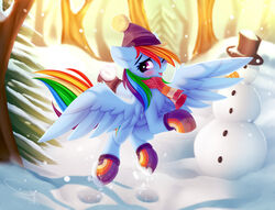  2019 absurd_res beanie blue_body blue_feathers blue_fur blue_wings blush clothing detailed_background digital_media_(artwork) equid equine eyebrows feathered_wings feathers female feral footwear friendship_is_magic fur hair hasbro hat headgear headwear hi_res legwear long_hair looking_at_viewer mammal multicolored_hair multicolored_tail my_little_pony mythological_creature mythological_equine mythology omiart one_eye_closed outside pegasus plant purple_eyes quadruped rainbow_dash_(mlp) rainbow_hair rainbow_tail scarf signature smile snow snowball snowing snowman socks solo tail top_hat tree wings wink winter 