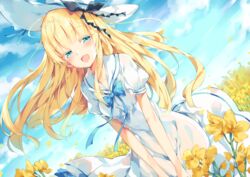  :d absurdres alternate_costume black_ribbon blonde_hair blue_bow blue_eyes blue_ribbon blue_sky blush bow cloud cloudy_sky colored_eyelashes commentary_request day dress dutch_angle fanbox_reward female field flower flower_field half-closed_eyes hat hat_ribbon highres juliet_persia kishuku_gakkou_no_juliet long_hair looking_at_viewer open_mouth outdoors paid_reward petals puffy_short_sleeves puffy_sleeves rapeseed_blossoms ribbon sailor_collar sailor_dress short_sleeves sky smile solo sun_hat unacchi_(nyusankin) very_long_hair white_dress white_hat white_sailor_collar yellow_flower 