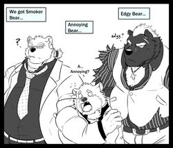  anthro barguest_(tas) bear bodily_fluids cigarette clothing crying deadanthro english_text group jambavan_(tas) leib_(tas) lifewonders male mammal necktie polar_bear slightly_chubby suit tears text tokyo_afterschool_summoners ursine 