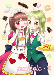  2girls :d ;d absurdres ahoge alternate_costume apron arm_up black_pants brown_hair butler canele cheek-to-cheek commentary_request cookie cowboy_shot cream_puff cross_tie dress eclair_(food) enmaided female_butler finger_to_cheek food food-themed_background frilled_apron frills fuu_(suisouseki) green_hair green_vest hand_on_another&#039;s_back heads_together heart heart_print highres holding holding_plate ketchup long_sleeves looking_at_viewer macaron maid maid_headdress marshmallow meringue multiple_girls nishida_satono omelet omurice one_eye_closed open_mouth pants pink_dress plate ponytail puffy_short_sleeves puffy_sleeves red_eyes scone shirt short_hair_with_long_locks short_sleeves sidelocks smile spoon star_(symbol) teireida_mai touhou vest waistcoat white_apron white_shirt yellow_background 