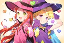  2girls :d arm_up azit_(down) back-to-back black_cape blonde_hair blue_cape blush brown_background cape chocolat_meilleure commentary_request glint gloves gradient_background green_eyes grin hat heart highres holding long_hair multicolored_cape multicolored_clothes multiple_girls oerba_yun_fang open_mouth outstretched_arm parted_bangs pink_cape pink_gloves pink_headwear pink_shirt purple_cape purple_eyes purple_gloves purple_headwear purple_shirt red_hair shirt smile sugar_sugar_rune upper_body vanilla_mieux very_long_hair white_background witch_hat 